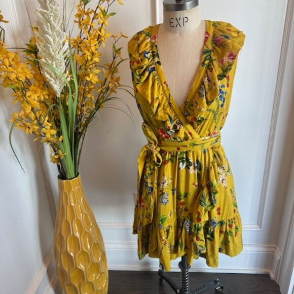 Anthropologie Maeve Floral Faux Wrap strawberry Gold Mustard Yellow Dress - Picture 7 of 16